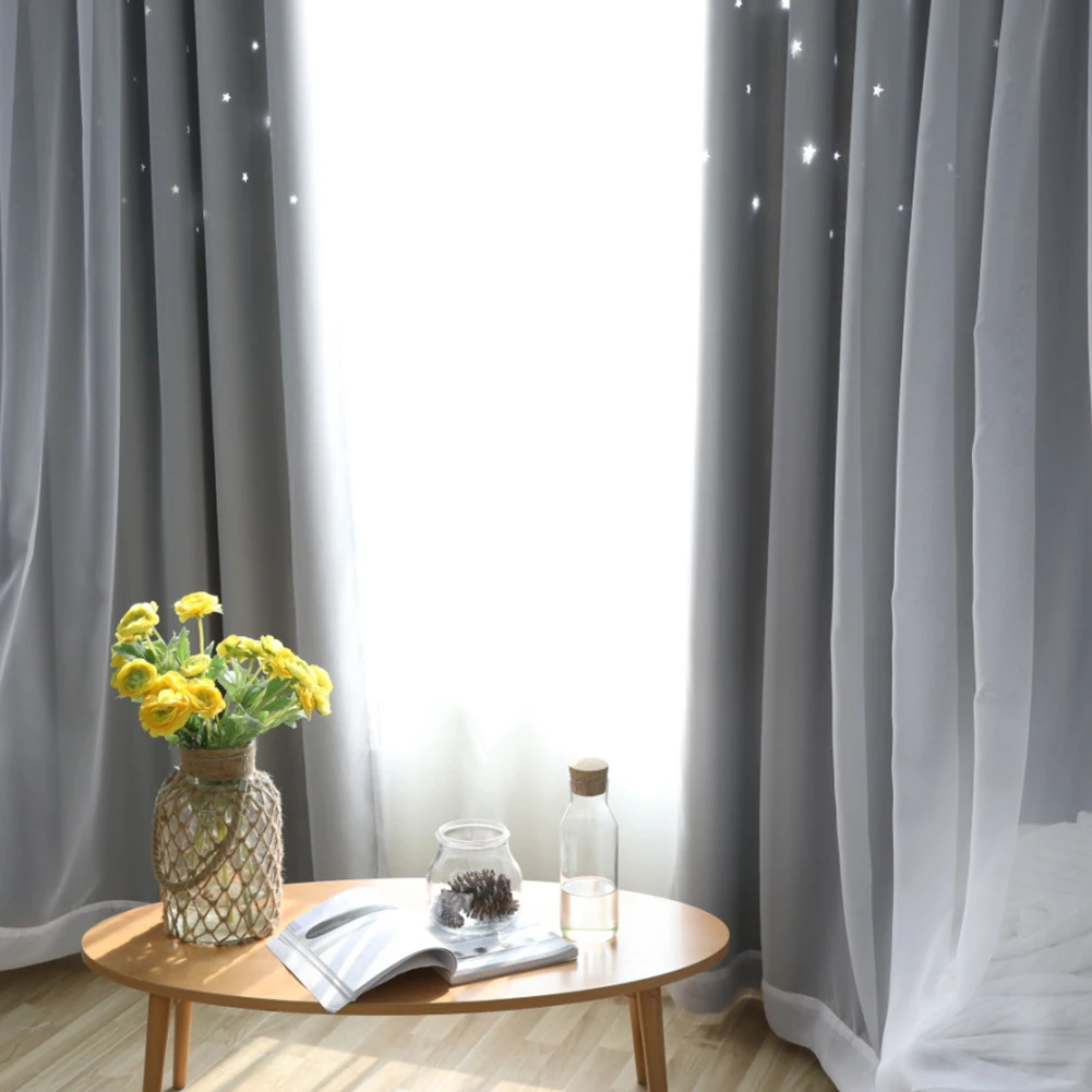 KAUNFO Hollow Out Blackout Shading Polyester Curtain Star Sheer Curtain for Kids Room Bedroom Home Decor 1PC