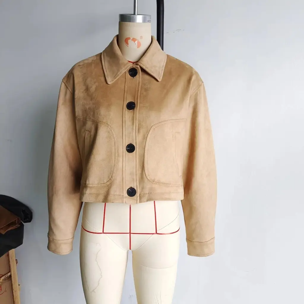 

Women's Autumn Buckskin Short Outwear American Lapel Loose Casual Long-Sleeved Jacket Top New Style