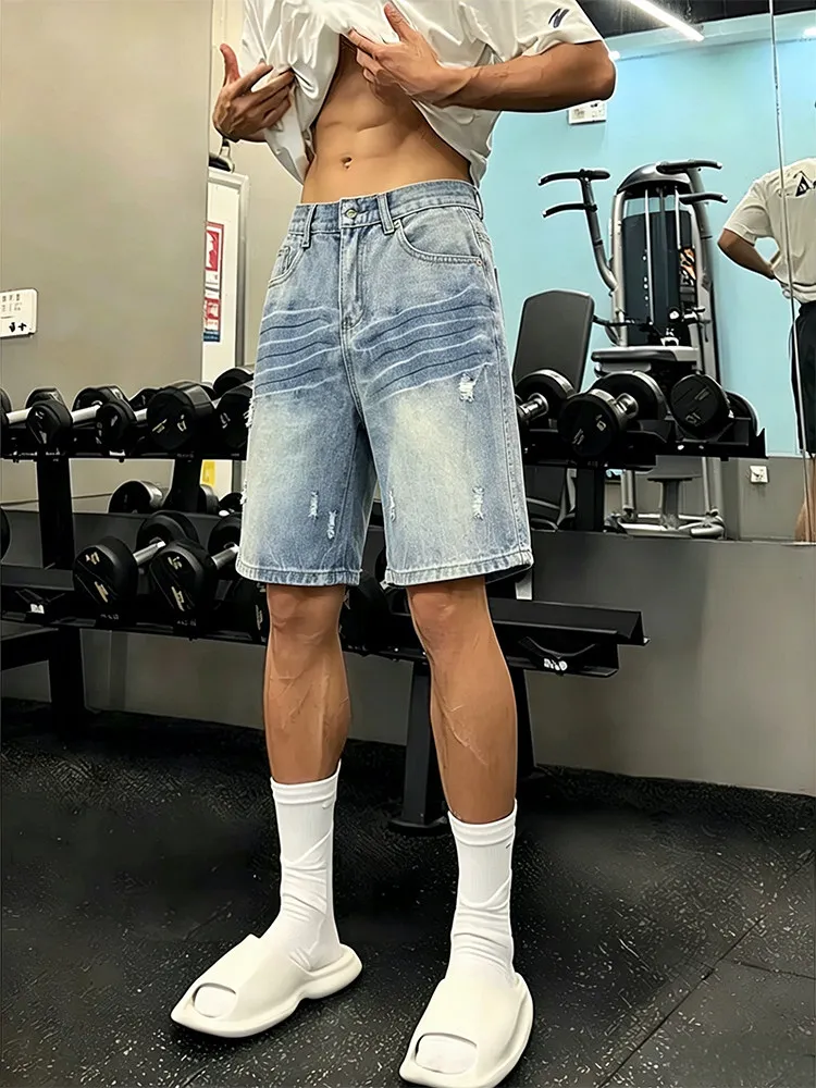 Blue Lightning Pattern Hole Denim Jeans Men's American High Street Vibe Thin Loose Straight Five-Point Pants Summer Jeans