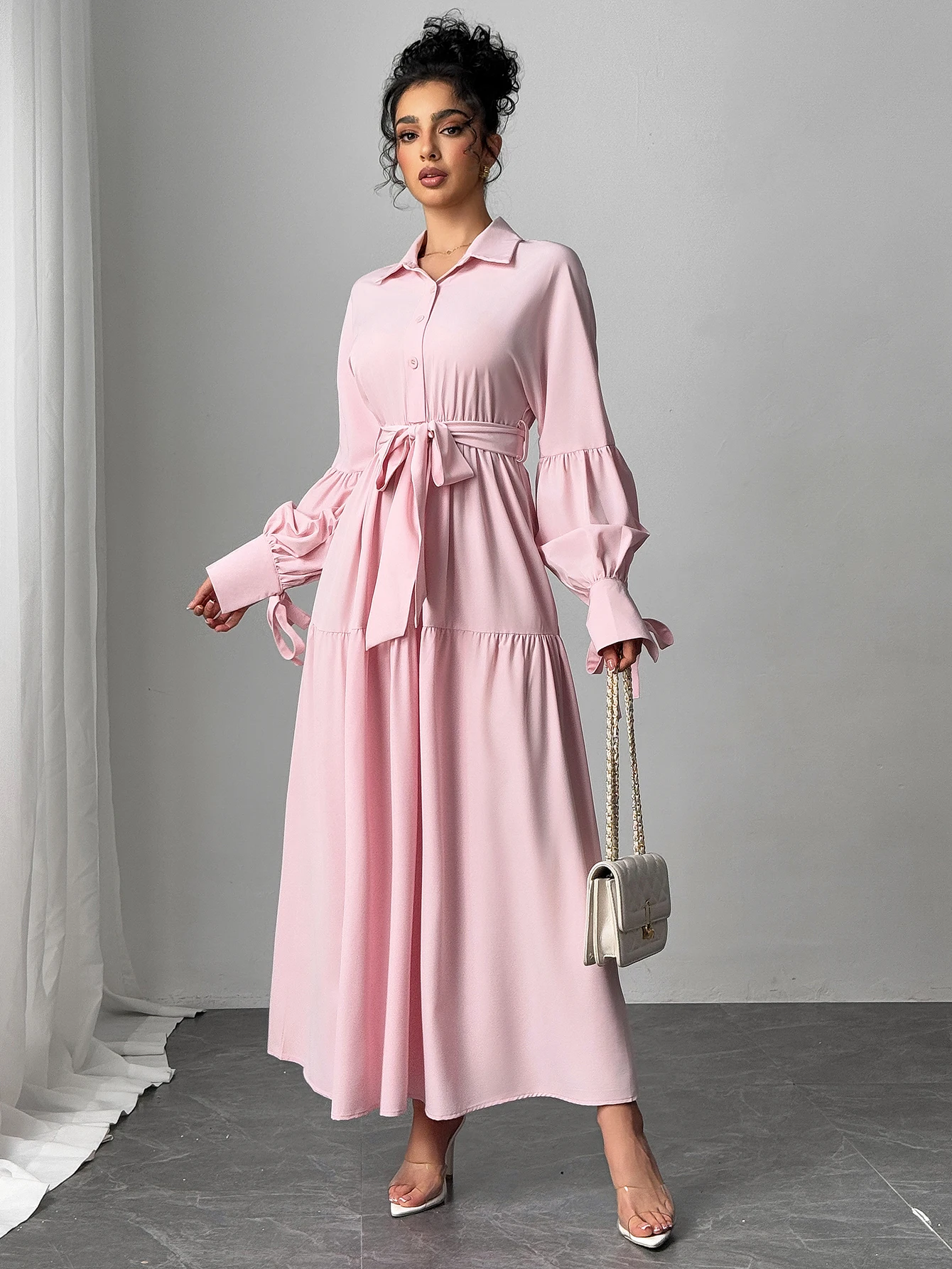 Primavera verão feminino luz rosa vestidos camisa colarinho laço puff manga auto-gravata em camadas maxi vestido elegante vestido diário