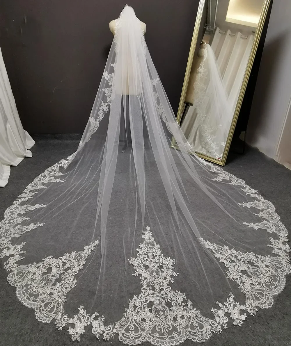 

Customized New 3.5 Meters Lace Wedding Veil with Comb 350cm White Ivory Long One Layer Bridal Veil Wedding Accessories
