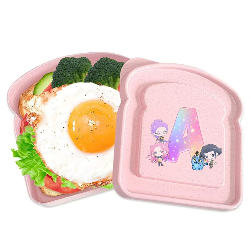

KPop Demon Hunters pink Sandwich Container Toast Shaped Portable girls Lunch Box Silicone Bento Box Lid letters print Lunch Case