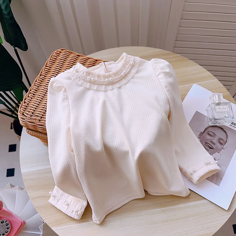 Undershirt Girl Long Sleeves T-shirt Spring New Baby Princess Tops Long Sleeves Broken Flowers Collar 2024 Lace Striped