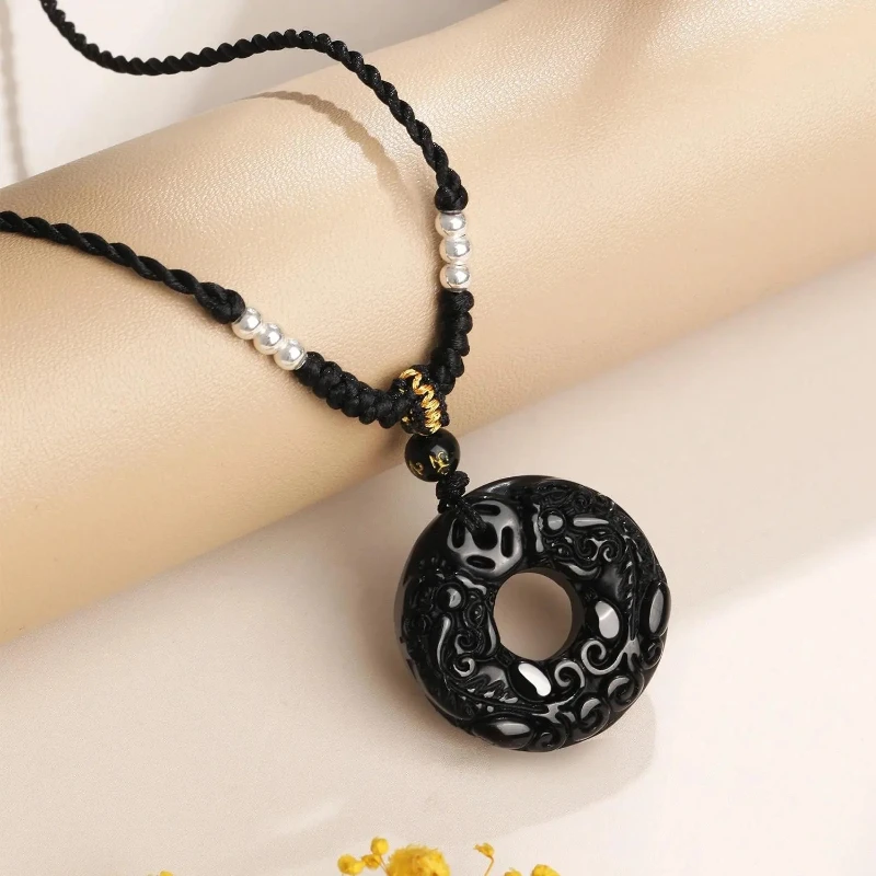 

Chinese Style Handmade Braided Rope S925 Silver Obsidian White Jade Marrow Pixiu Safety Buckle Unisex Couple Necklace Pendant