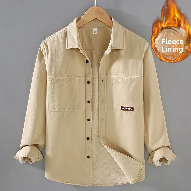 

Thiened Fce Pure Cotton Work irt Men's Autumn Winter Casual Versatile All Cotton Warm irt Jaet Retro Trendy Top