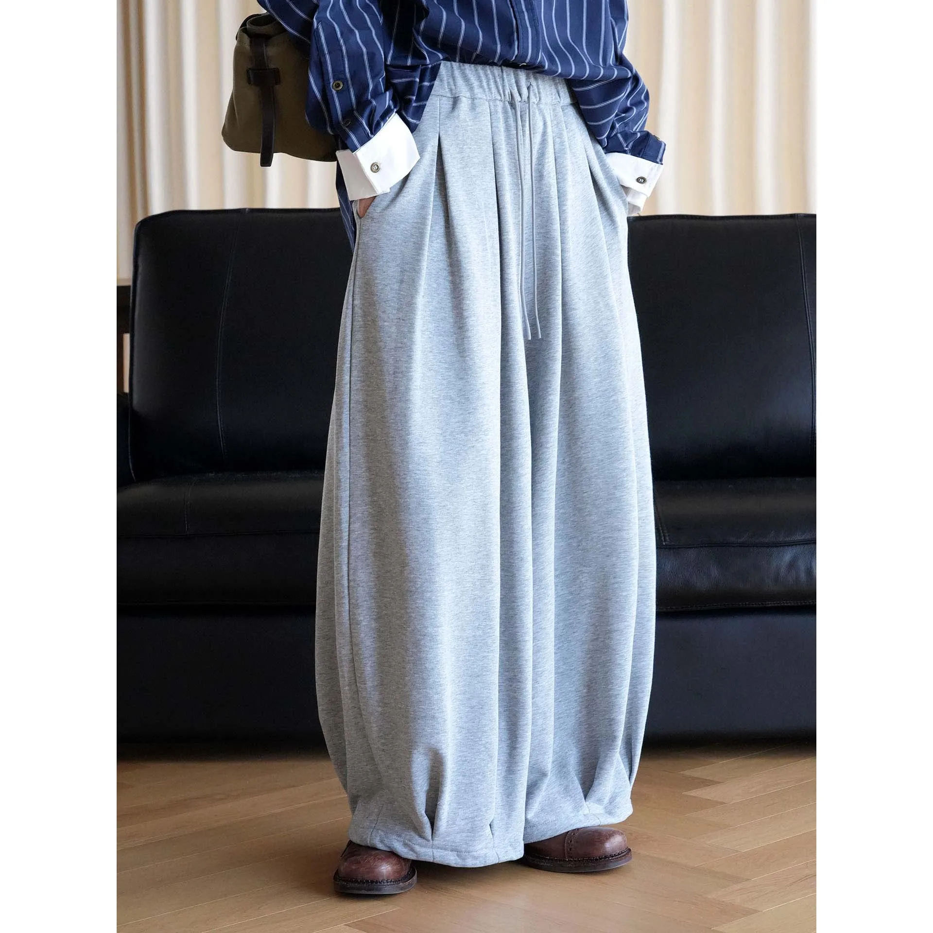 FANAN Women Elastic Waist Drawstring Sweatpants Loose Wide Leg Harem Pants Casual Solid Color Adjustable Cuff Trousers Winter