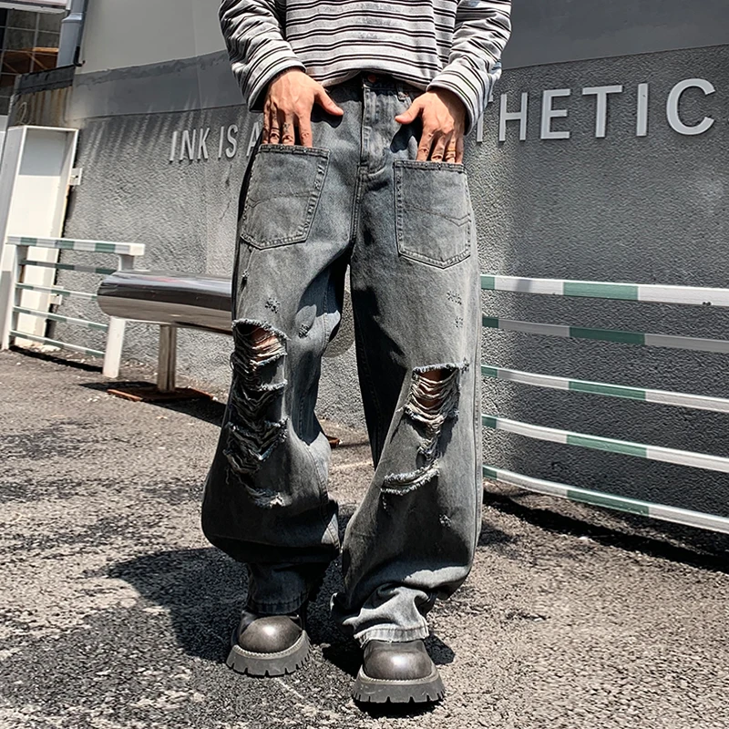 Broken hole jeans men's 2025 autumn trendy brand washed retro heavy industry American high street loose Y2K pants