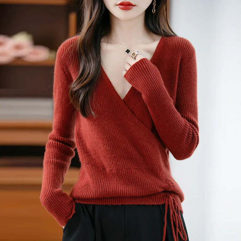 

intersection V-neck pullover sweater 100% pure wool base women's autumn winter long sleeved knitted sweater irregular tops