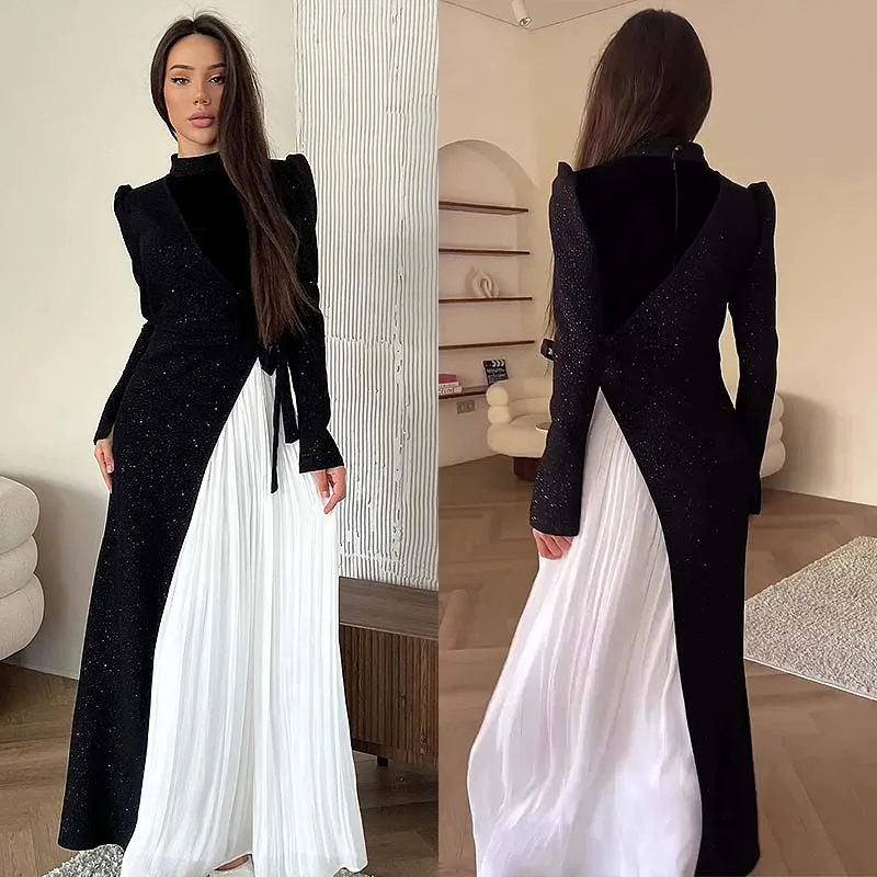

Elegant Patchwork Design Dress for Women Long Sleeve Splicing Pleated Fake Two-piece Dress Evening Dresses Female Party Club