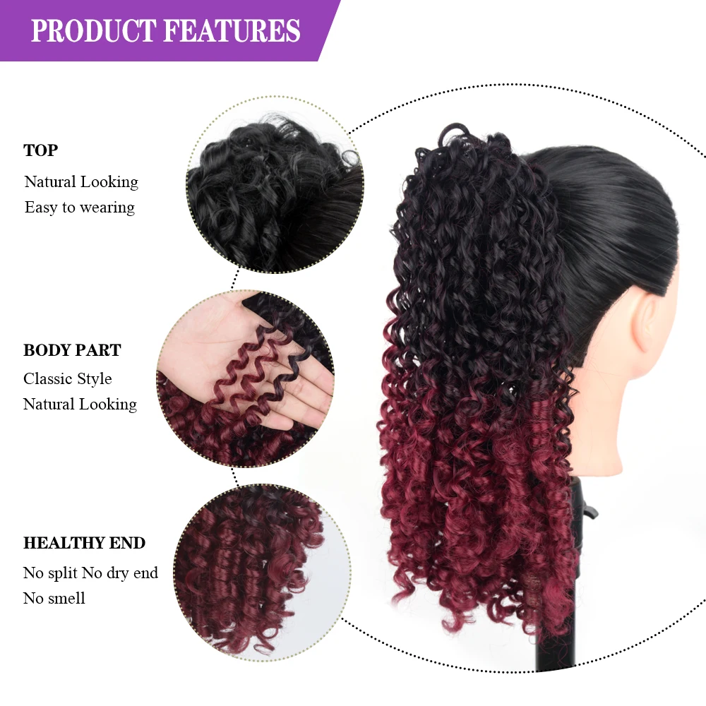 Extension de Queue de Cheval Synthétique Bouclée, 14 Pouces, Rouge Ombré, avec 2 Clips sur, pour Femme Noire