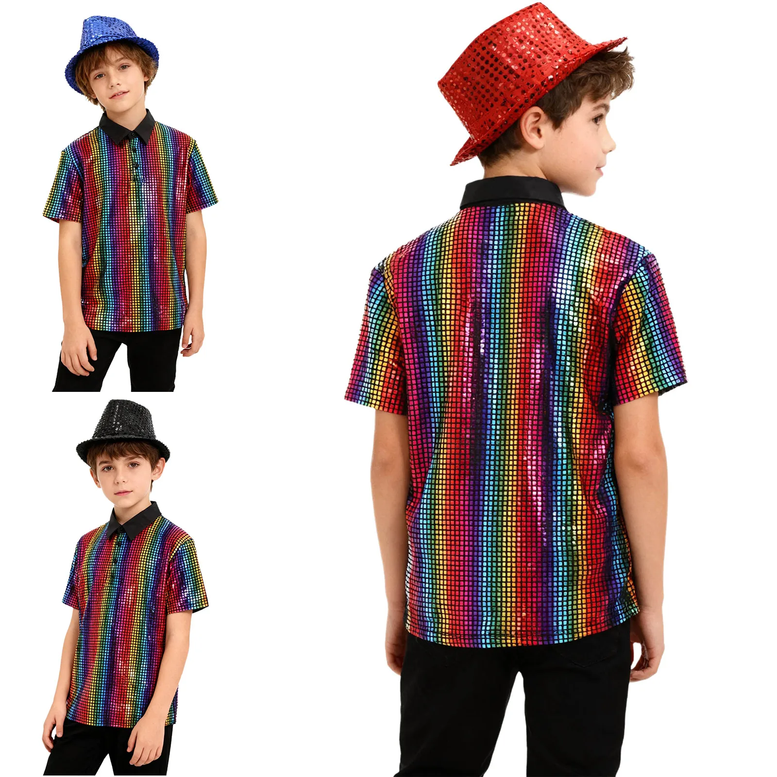 أطفال بنين بنات 70s 80s ديسكو زي الجاز الهيب هوب الرقص القمم لامعة التقزح اللوني الترتر تي شيرت وقبعة الشارع Dancewear