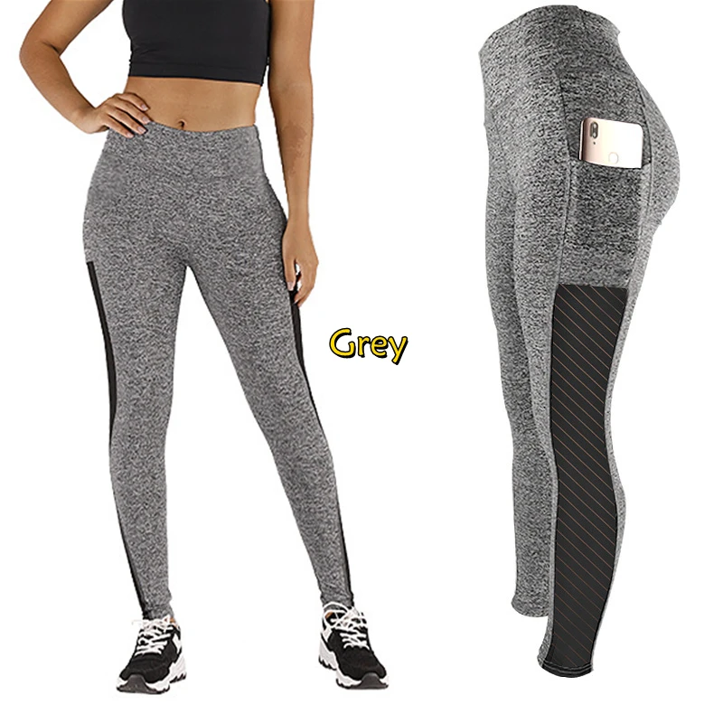 Fashion Women High Waist Mesh Splice Leggings with Pockets Skinny Pants Comfy Stretchy Trousers Breathable for Sport Yoga Fitnes