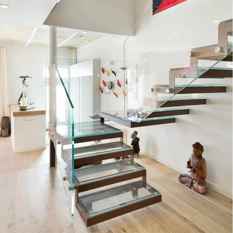 custom.Indoor Straight Staircase Glass Side Panels Wood Steps Clean Line Architectural Style