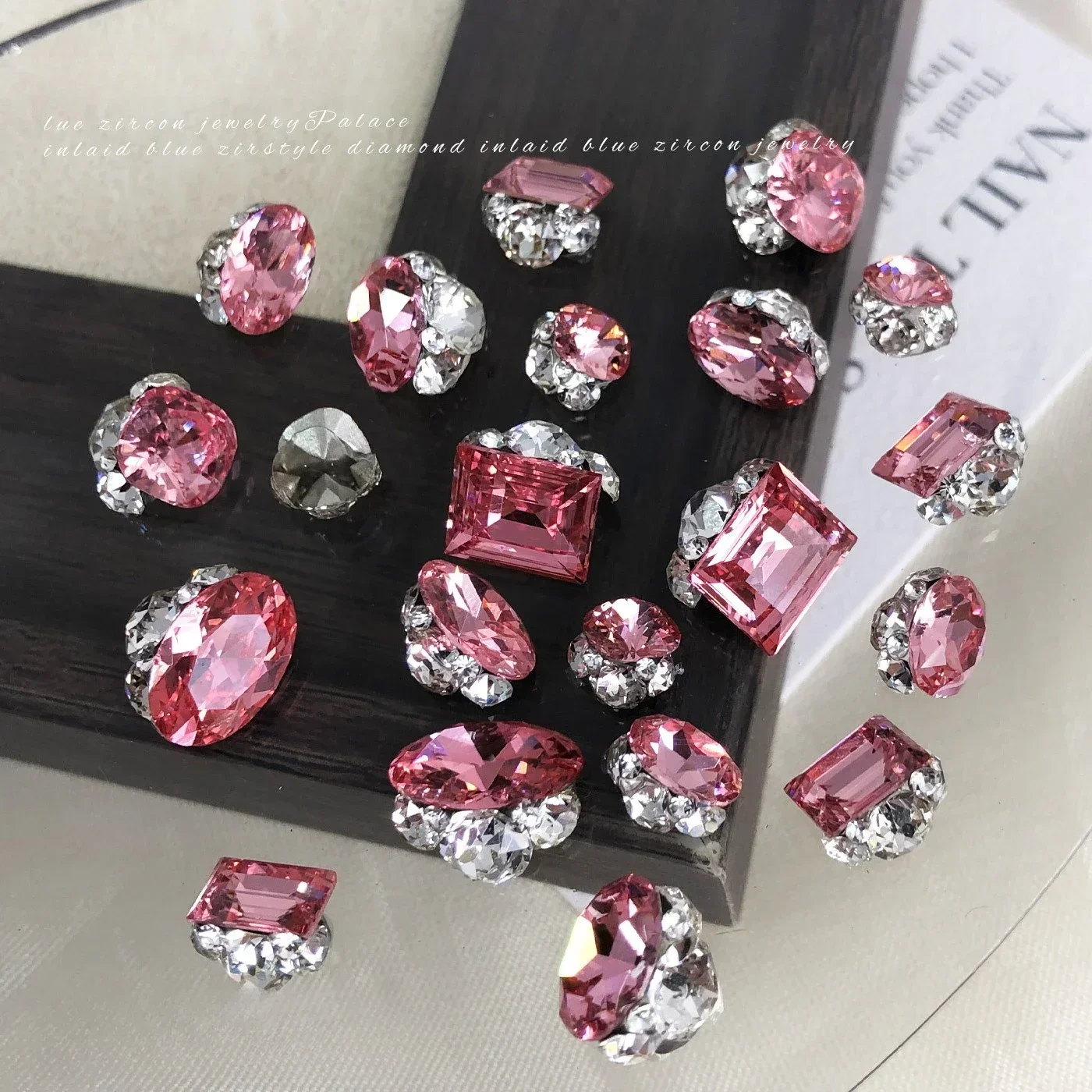 5Pcs K9 Rose Red Crystal Nail Clusters, Sparkling Baseless Oval Rectangle Fat Square Pre-made Rhinestone Charms