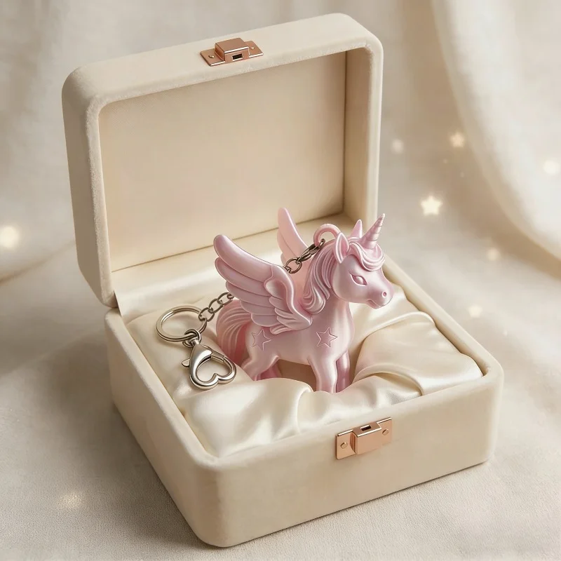 Korean Fashion Pink Unicorn Pegasus Keychain 3D Printed Cute Bag Charm Heart Clasp Backpack Pendant Women Keyring Gift for Girls