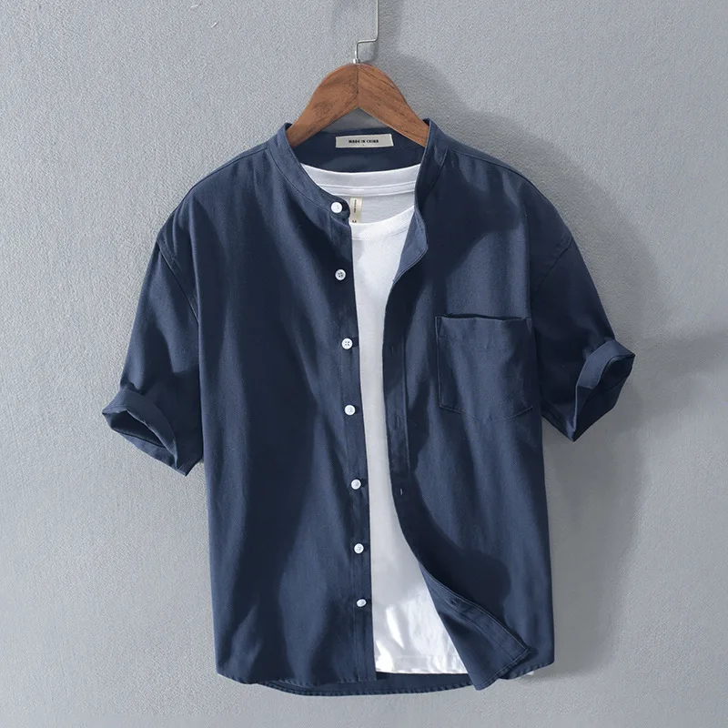 Men's Oxford Spinning Pure Cotton Short Sleeve Shirt Simple Stand Collar Cotton