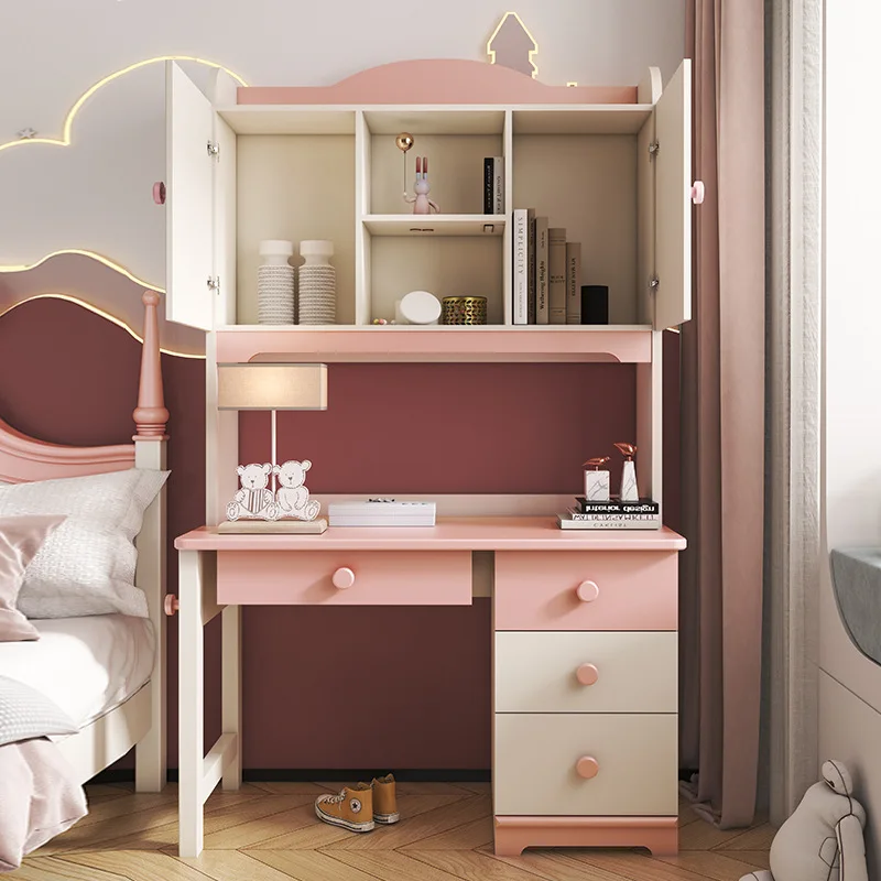 Children's desk writing table household bookshelf integrated table combination learning girl bedroom desk chair powder