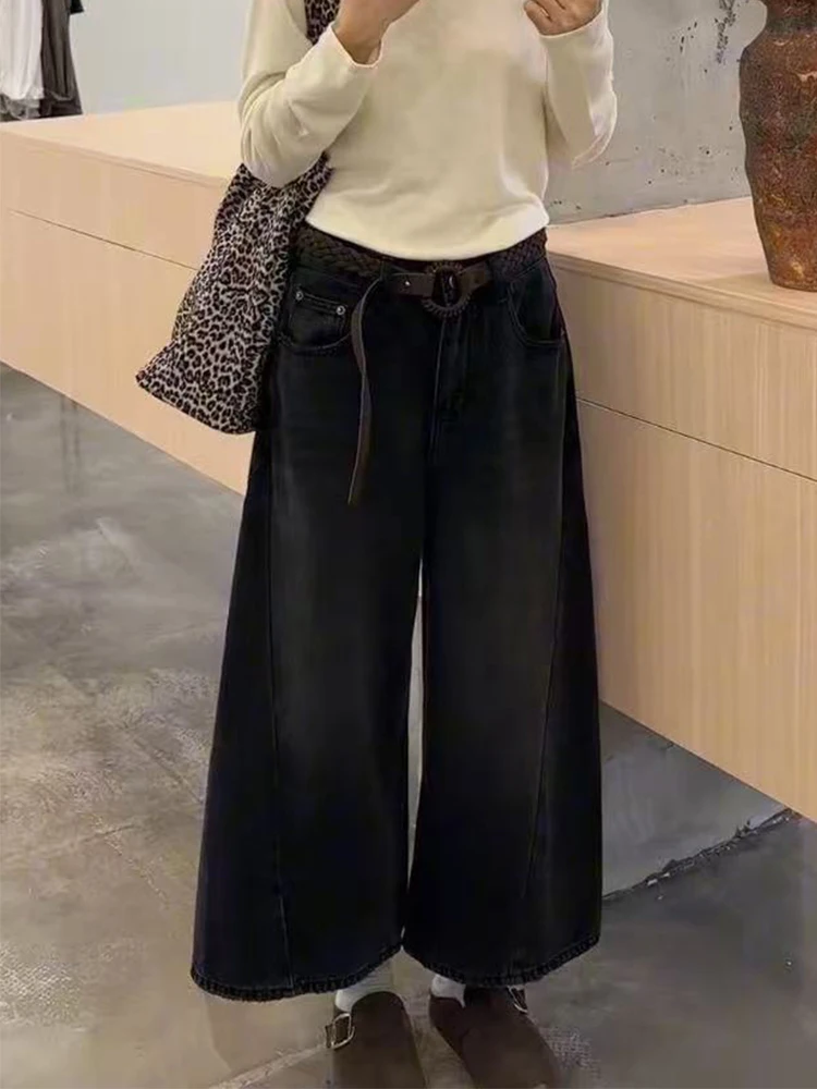 

Джинсы с высокой талией и широкими штанинами, женские джинсы больших размеров для похудения, большие размеры, черные, повседневные, свободные, из девяти предметов