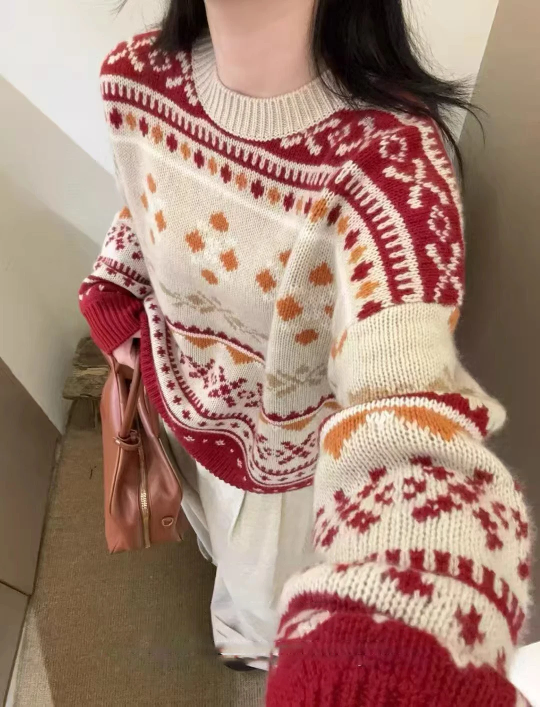 100% Pure cashmere sweater Red European high-end super good-looking lazy loose thick Fair Isle cashmere sweater