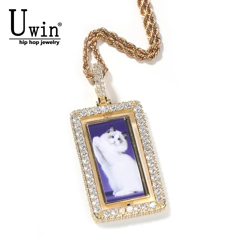 Uwin Custom Spinning Double Sides Photo Rectangle Shape Pendant Necklace Support 2Pictures Memory Jewelry For Couple Family Gift