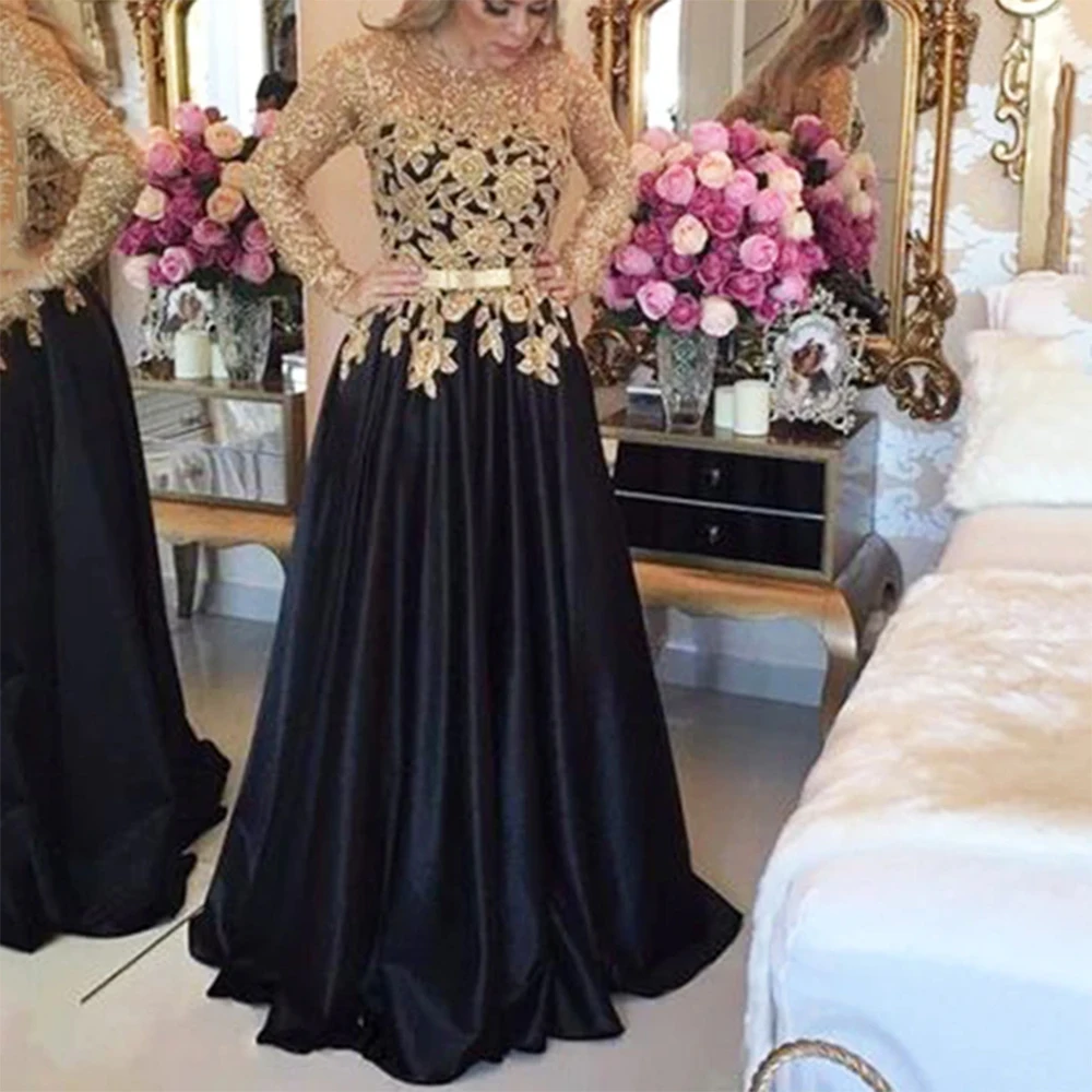 

ANGELSBRIDEP Gold Lace Appliques Mother Of The Bride Dress Long Sleeve Satin Beading Evening Formal Party Dress robe de soirée