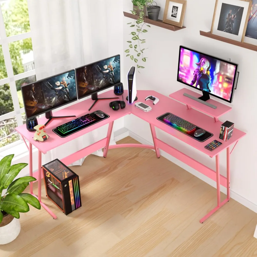 L Shaped Desk Corner Gaming Desk Computer Desk with Large Desktop Studying and Working and Gaming for Home and Work Place,Pink