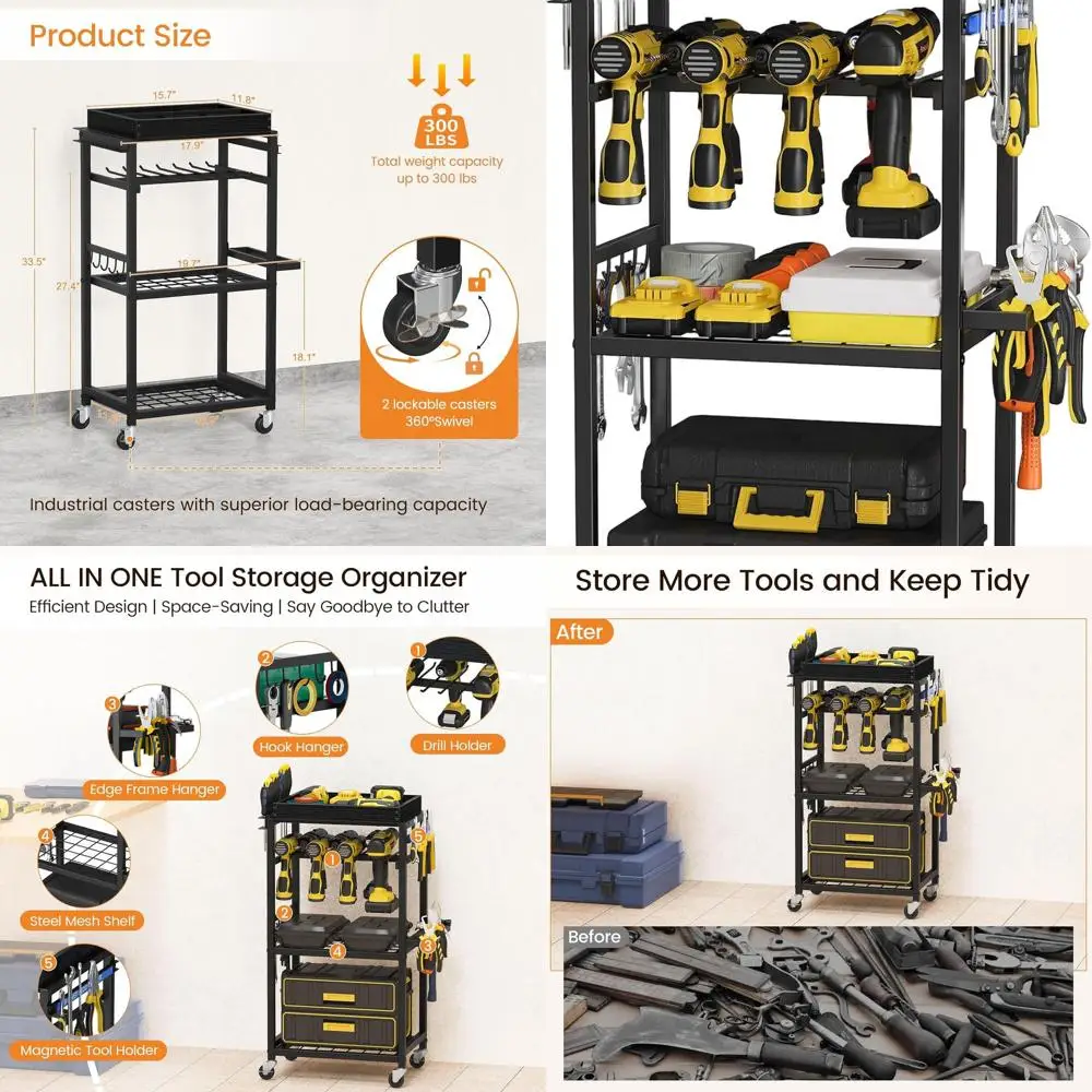 Carrello Portautensili a 4 Ripiani con Striscia Magnetica, Rack Mobile per Officina, Garage e Regalo per Uomini