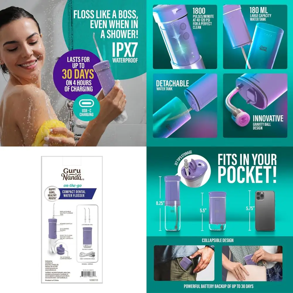 

Портативный дорожный ирригатор для полости рта, складной резервуар 180 мл, 4 режима, умный таймер, одобрен TSA - Лаванда