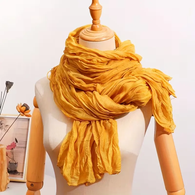 Wrinkled Solid Color Scarf for Women Vintage Style Spring Autumn Bali Yarn Shawl Outdoor Cover Up Wrap