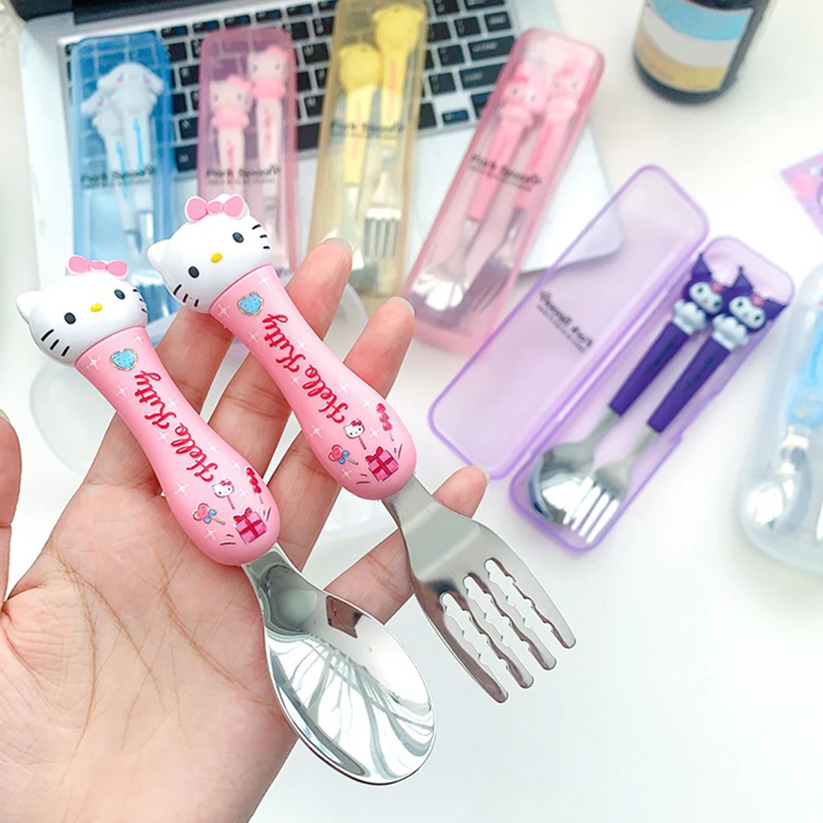 Sanrio-Juego de cubiertos de Hello Kitty, tenedor cuchara Kawaii de dibujos animados, juego de 2 piezas, vajilla portátil de acero inoxidable para viajes al aire libre, regalo