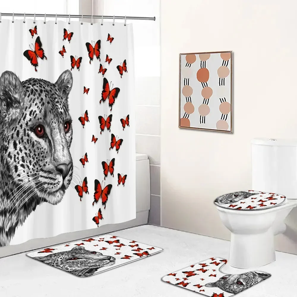 Panther Leopard Shower Curtain Set Butterfly Animal Modern Fashion Bathroom Decor Lady Woman Bath Mat Flannel Toilet Lid Cover