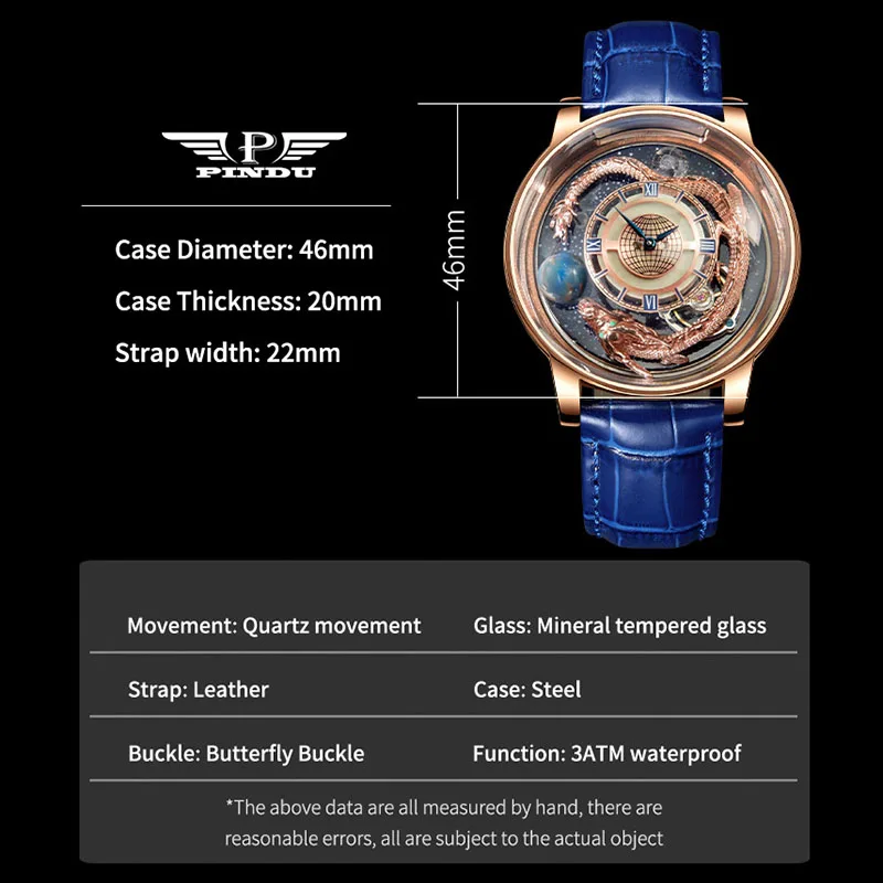 New Design Celestial Watch Tourbillon Man Watch PINDU New Watch Men\'s Quartz Wristwatches Blue Rose Gold Jacob Co Leather Watch