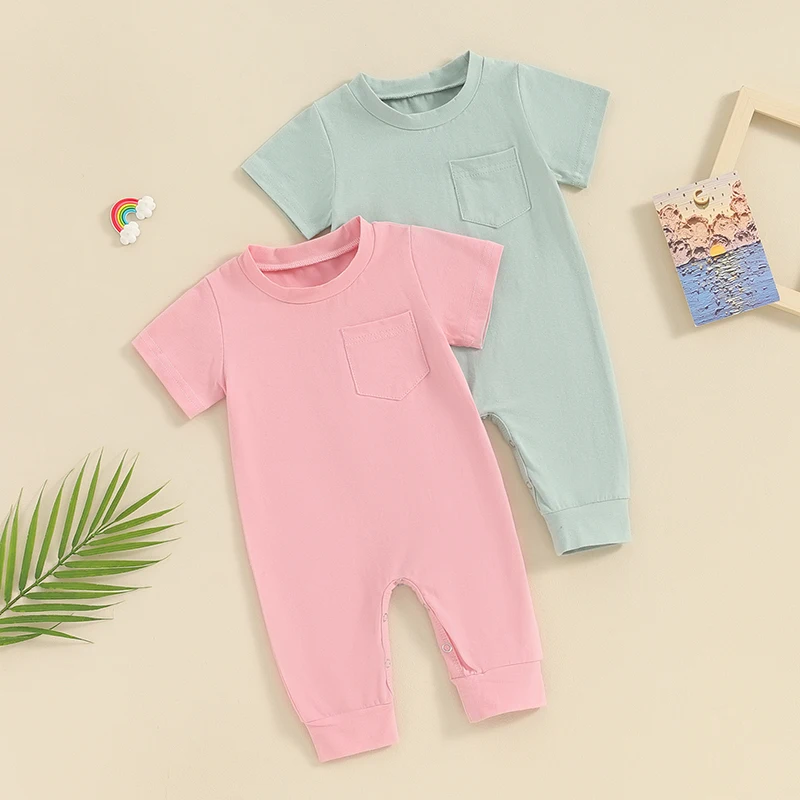 

Unisex Infant Baby Boy Girl Solid Color Short Sleeve Pocket Romper Casual Cotton Overalls Summer Baby Jumpsuits Clothes
