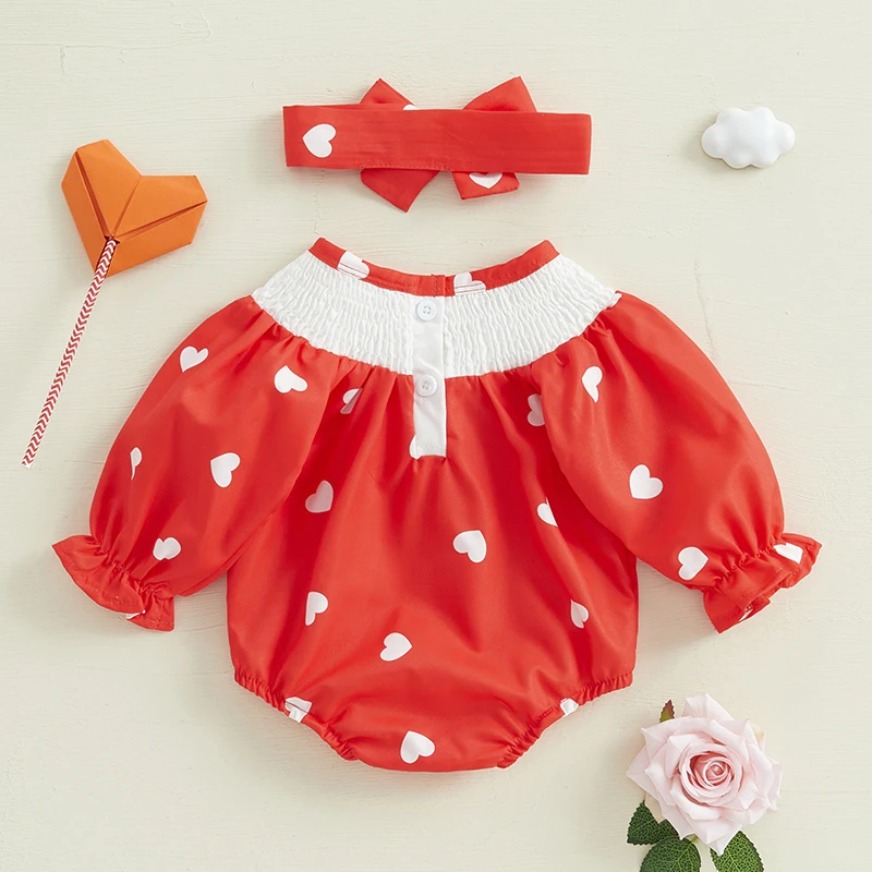 Infant Girl Valentine s Day Dress Long Sleeve Heart Print Romper with Matching Headband Set Toddler Clothing for Newborns