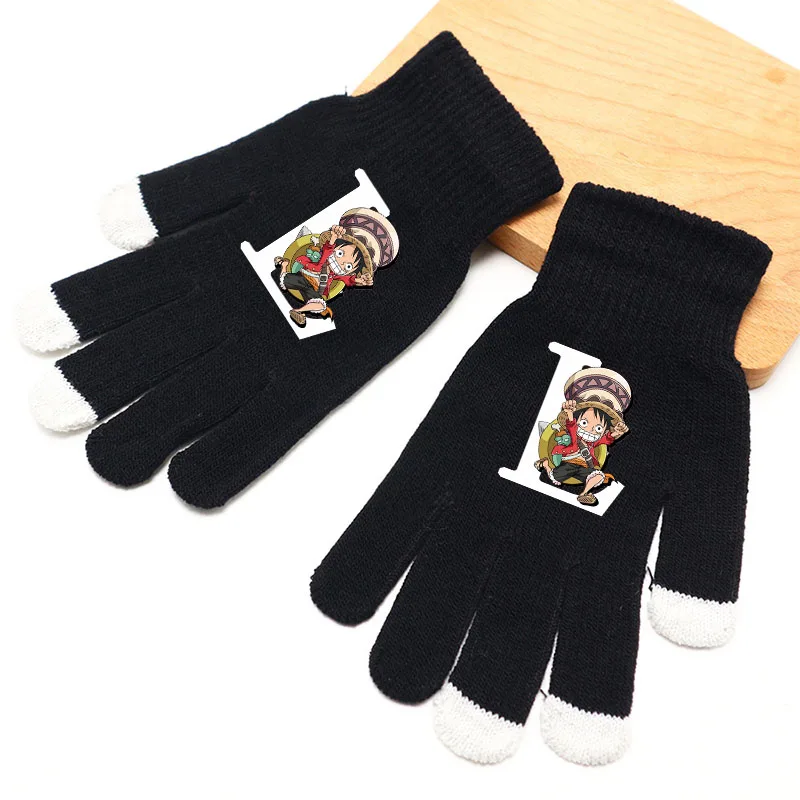 One Pieces Kids Five-finger Gloves Anime Luffy Zoro Chopper Knitted Gloves Winter Warm Touch Screen Glove Girl Boy Birthday Gift