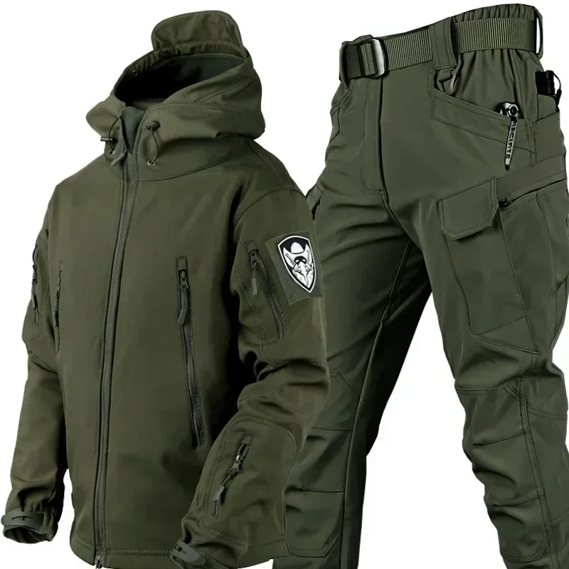 Winter Thicken Men Camo Suit Waterproof Tactical Training Set Multi-pocket Hooded Jacket Fleece Pants Outdoor Hunting 2-piece