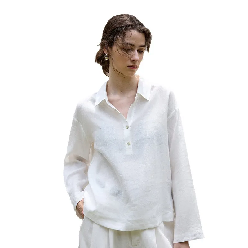 Camicetta vintage in lino 100% a maniche lunghe da donna con risvolto colletto polo autunno top allentato casual High Street Fashion Office Lady camicie