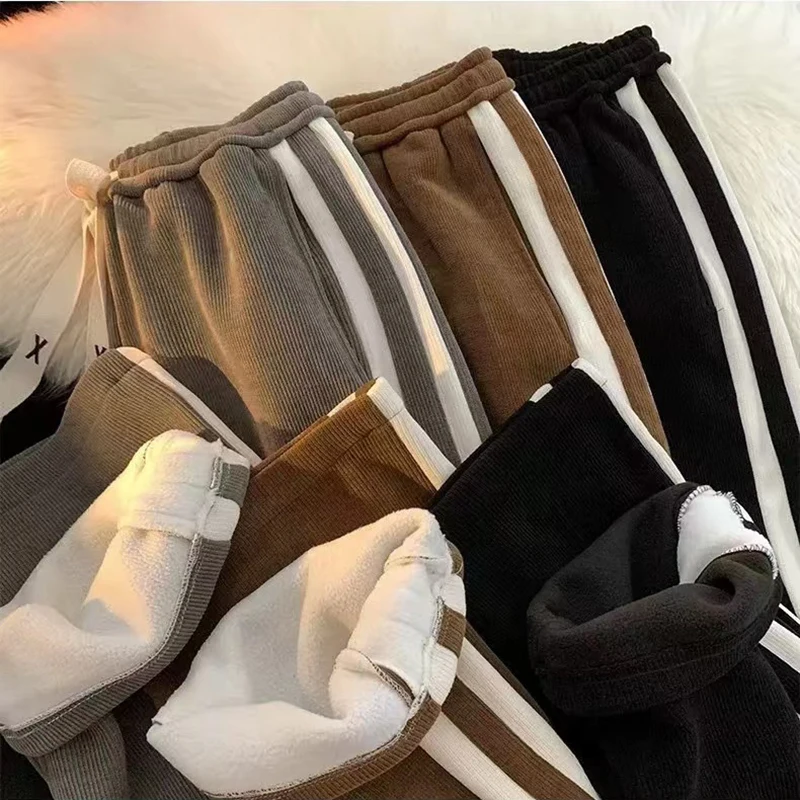 

Fall Striped Corduroy Sweatpants Women High Waist Drawcord Loose Wide Leg Pants Bf Winter Thick All Match Straight Trousers New