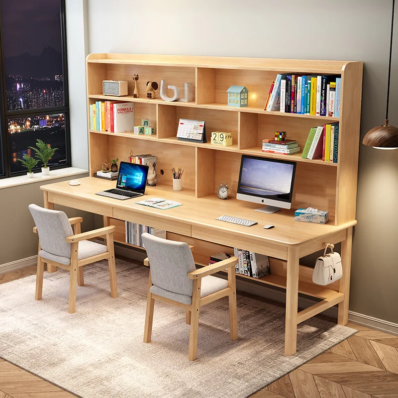 

Modern Solid Wood Double / Triple Desk Bookshelves Students Writing Desk Simple Home Office Computer Learning Game Table