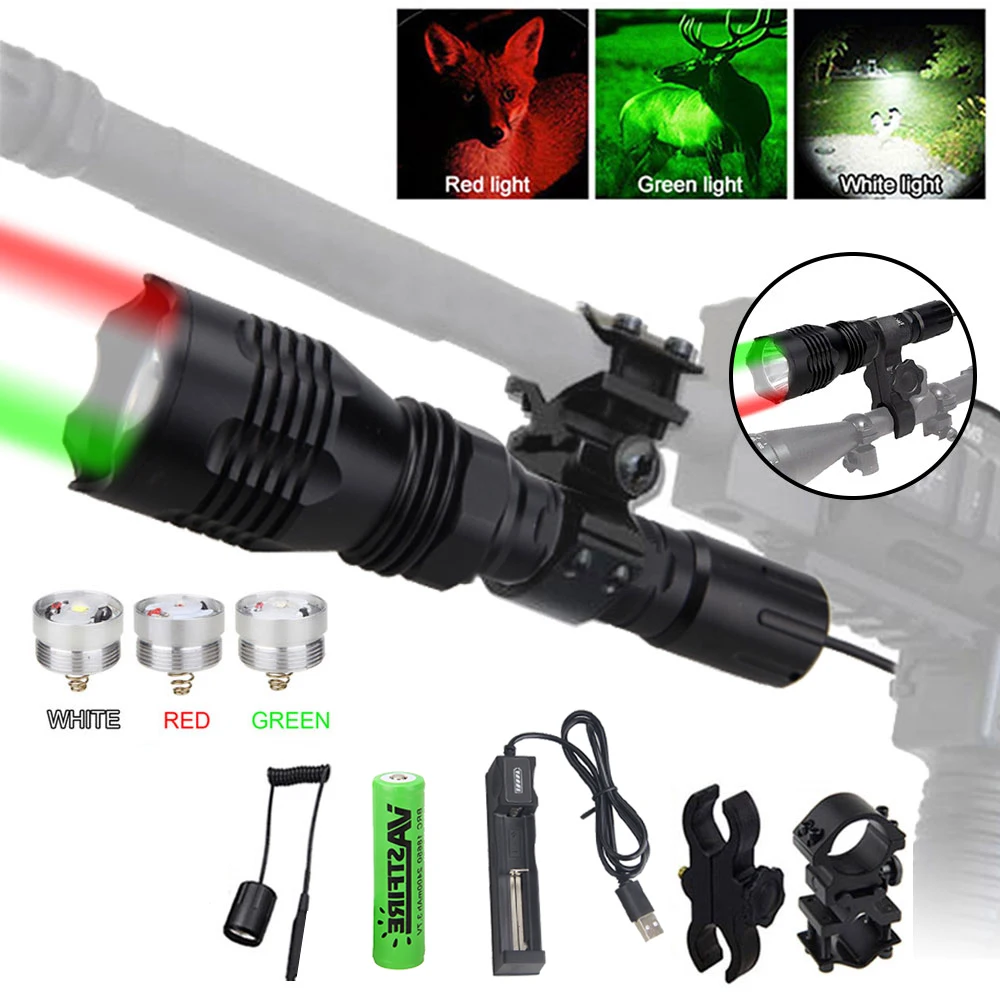 Powerful 400 Yard Green Red White Professional Hunting Light Tactical Predator Flashlight for Coyote Hog Varmint 1-Mode High