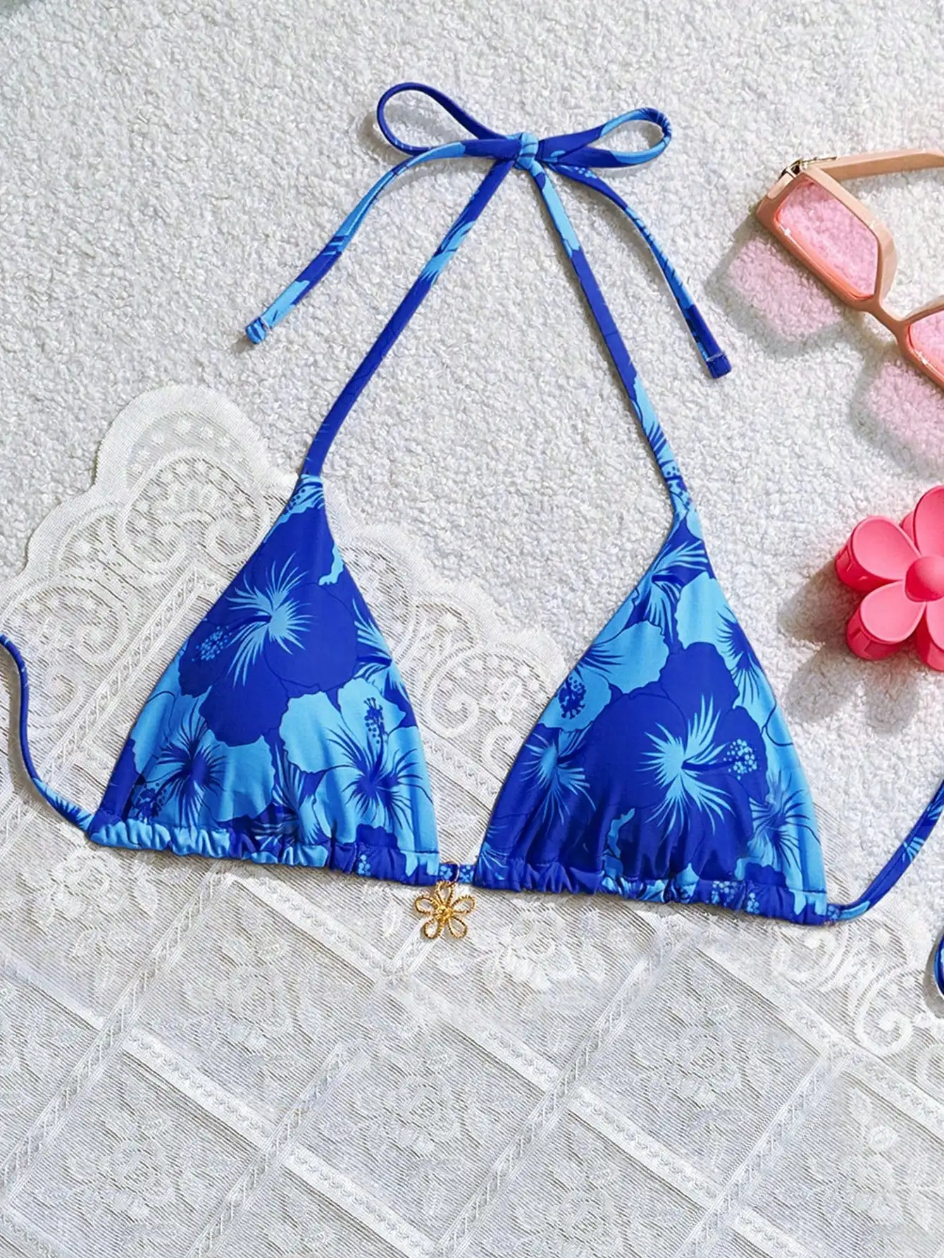 

Blue Floral Print Halter Triangle Bikini Top For Women Beach Swimwear