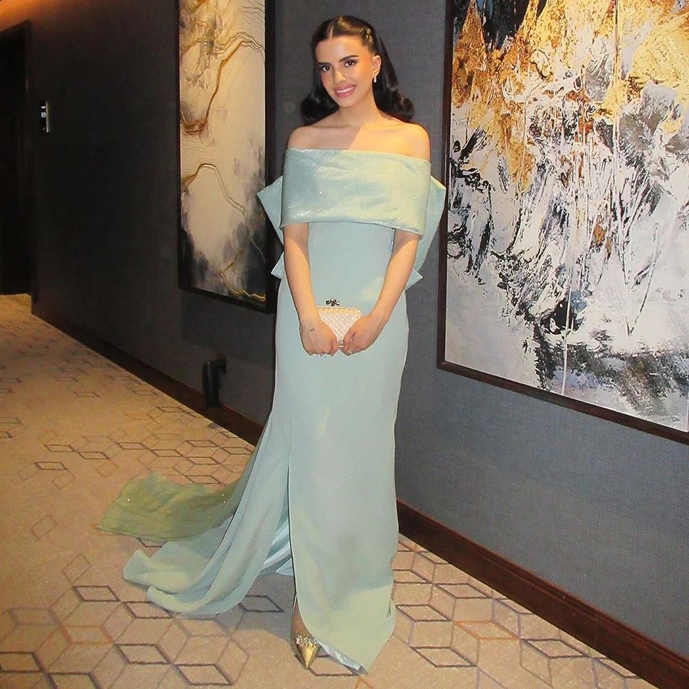 

Прямое трикотажное вечернее платье с открытыми плечами по индивидуальному заказу, вечернее платье с большим бантом и открытой спиной, длиной до пола, платье для выпускного вечера