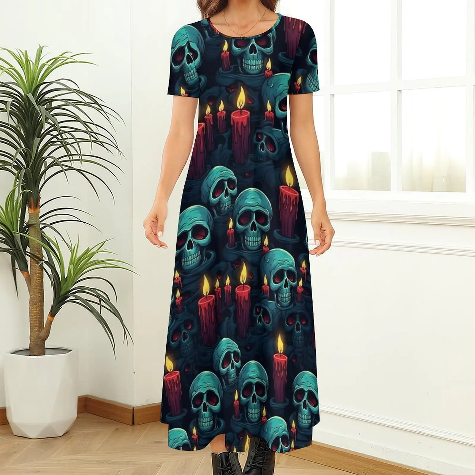 Halloween Skull And Candles Dress  Beach Maxi Dress Woman Short Sleeve Street Fashion Boho Beach Long Dresses Big Size