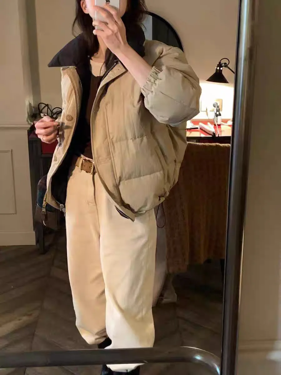 OBET フード付きダウンジャケット レディース ルーズ グースフェザー リバーシブル 暖かい ブレッド スタイル カジュアル ファッション ジップアップ