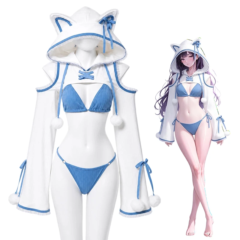 SENMHS Cat Girl Cosplay Costume Women Blue White Bikini Set with Hooded Cat Ear Cape Long Sleeve Gloves Anime Halloween Party