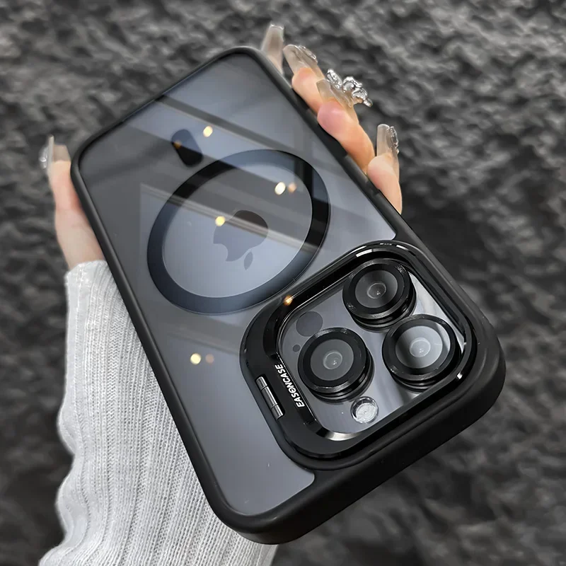 Luxe Magnetische Schokbestendige Telefoonhoes Voor Iphone 16 15 14 13 12 11 Pro Max Plus Pro Funda Stand Glazen Lensbescherming Achterkant