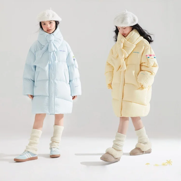 Winter Girl Oversized Puffer Coat with Matching Scarf Thick Warm Snow Jacket Korean Style Mid-Length Down Cotton Parka Teenager