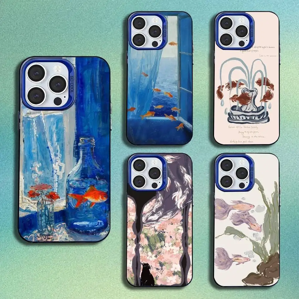 

Vintage oil painting Dream Core Goldfish Phone Case For iPhone 17,16,15,14,13,12,11,Mini,Pro,SE,MAX Blue Matte Silicone Cover