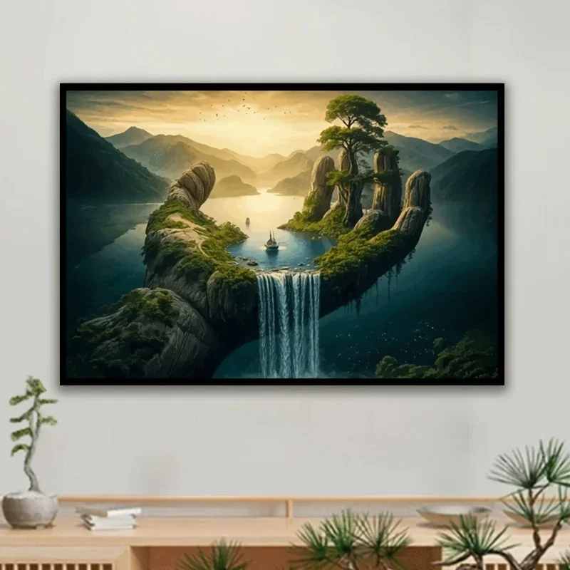 Serene Landscape with Island Waterfall Misty Mountains Poster Prints Canvas Painting Wall Art Picture for Living Room Home Decor