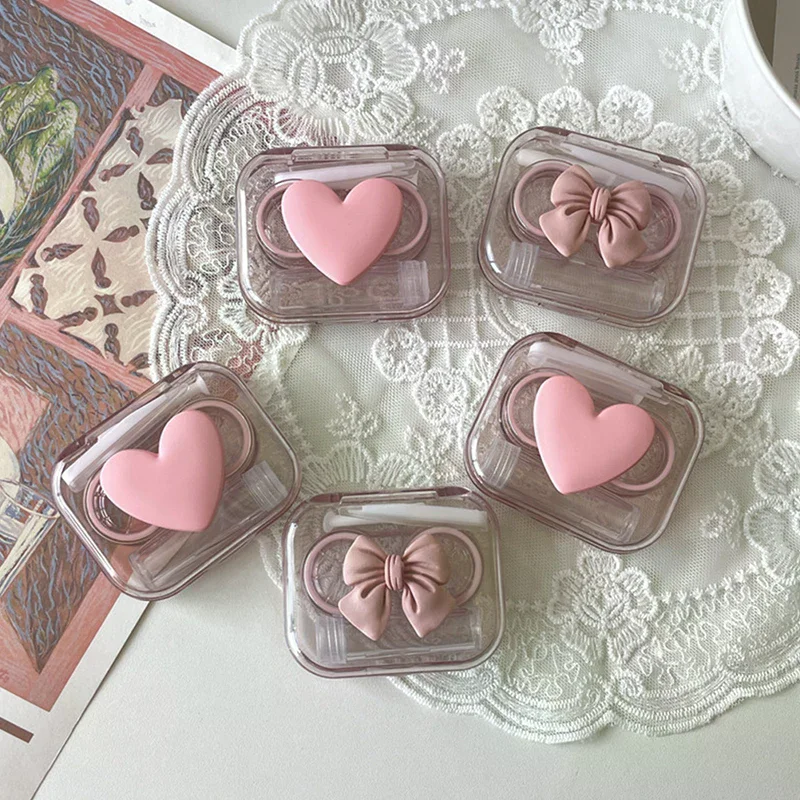 1Set Transparent Love Bow Contact Lens Case Contact Lens Cases Girl Portable Beauty Pupil Box Storage Eye Care Container Box